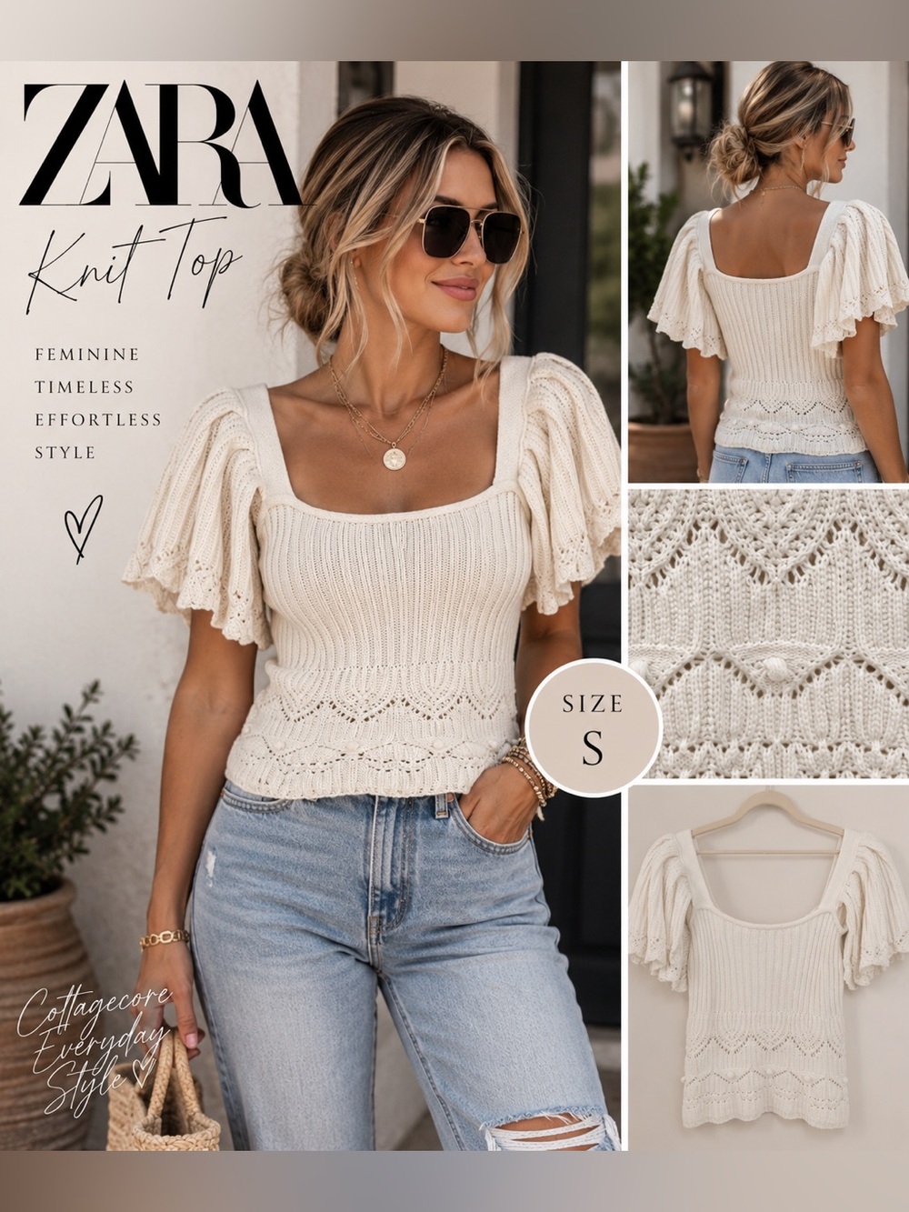 ZARA Ivory Pointelle Knit Flutter Sleeve Top Size Small Cottagecore Boho